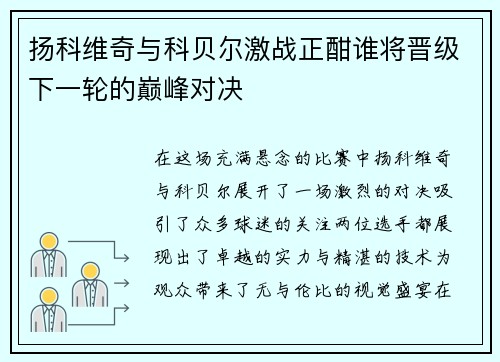 扬科维奇与科贝尔激战正酣谁将晋级下一轮的巅峰对决